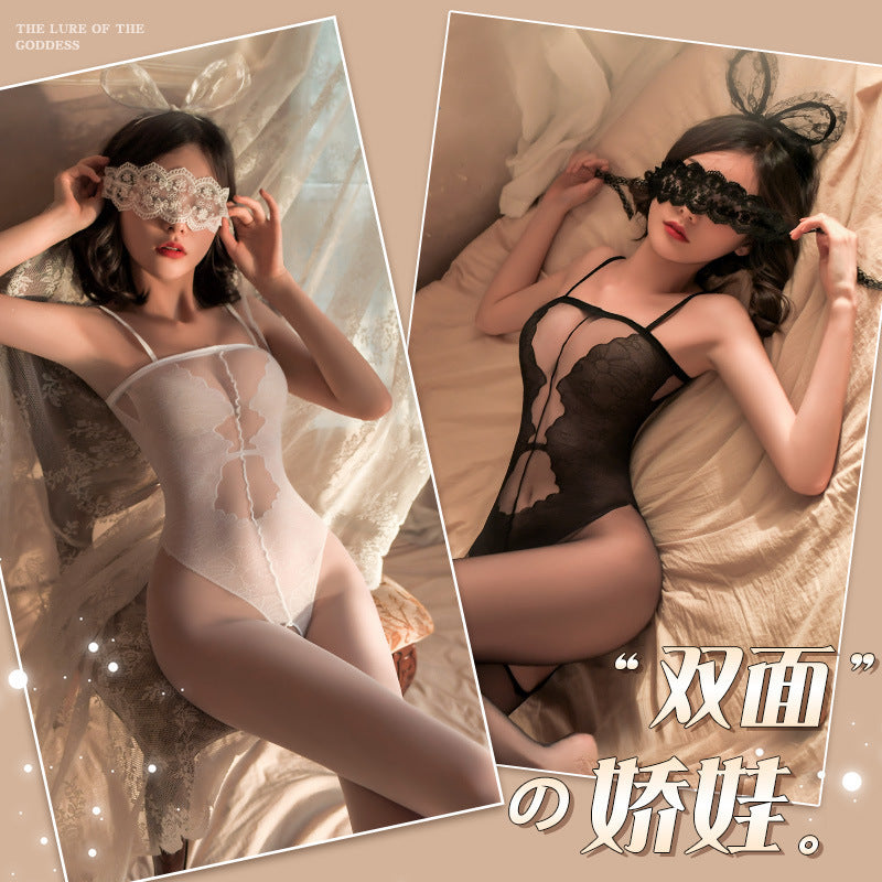 Image of Feimu 7567 white stripless erotic underwear uniform elegant jacquard fake jumpsuit crotch jumpsuit stockings stockings
